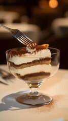 Indulgent Tiramisu Dessert - Luxurious Layered Treat in Glass at Elegant Restaurant Dining Table with Chocolate and Cream