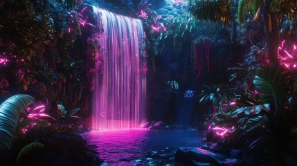 Fototapeta premium A beautiful glowing waterfall cascades through a vibrant jungle landscape