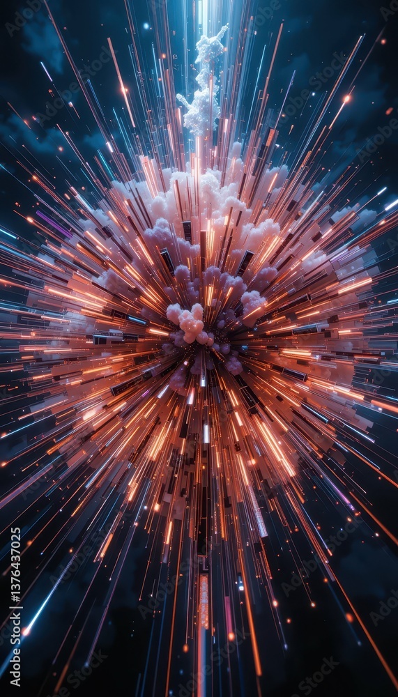 Poster vibrant explosion of colorful rays and abstract shapes in space