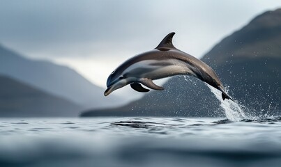 Fototapeta premium A dusky dolphin gracefully leaps from the ocean, set against a backdrop of distant mountains.