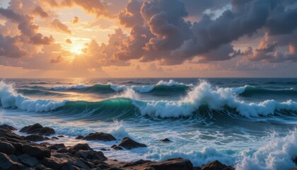 Dramatic Sunset Over Ocean Waves with Colorful Cloud Formation