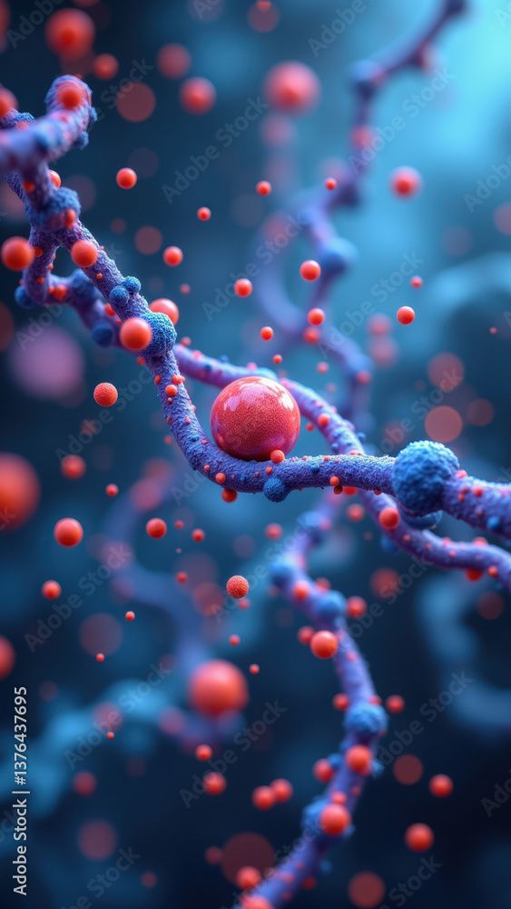 Poster a colorful microscopic image of a glut4 molecule in action with labeled insulin receptor sites.