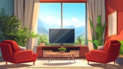 Modern Home Living Room Interior Design with Armchairs, Couch, and TV