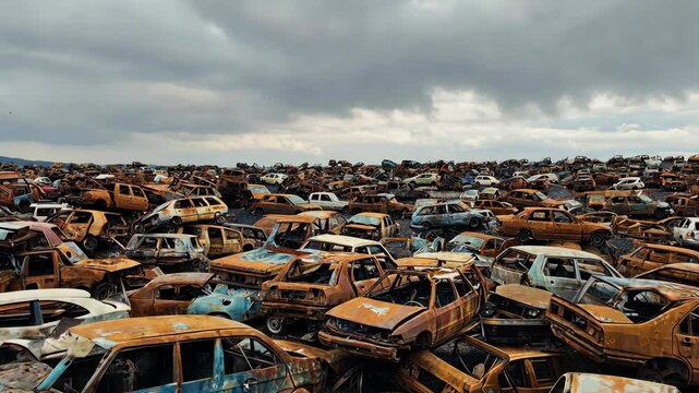 A vast junkyard filled with thousands of rusted, wrecked cars stacked across the landscape. The dark, cloudy sky adds a dramatic and desolate atmosphere to the scene. Aerial view