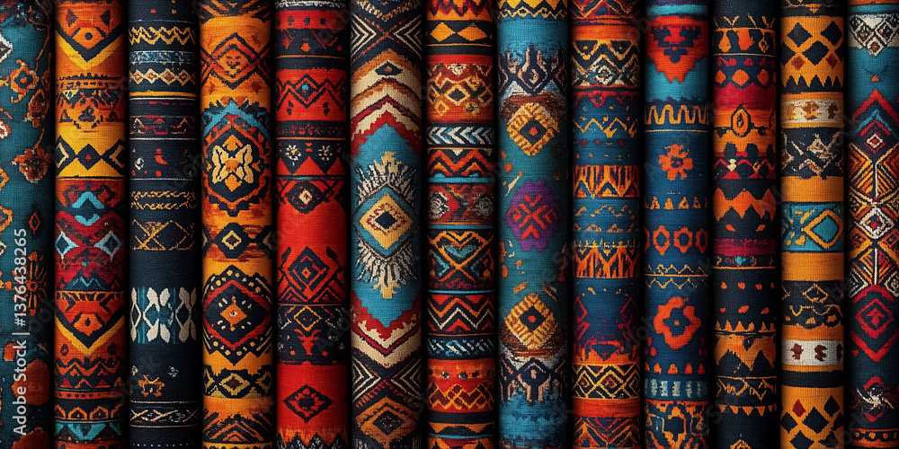 Poster colorful patterned fabrics arranged in a row displaying intricate designs and textures. rich hues an