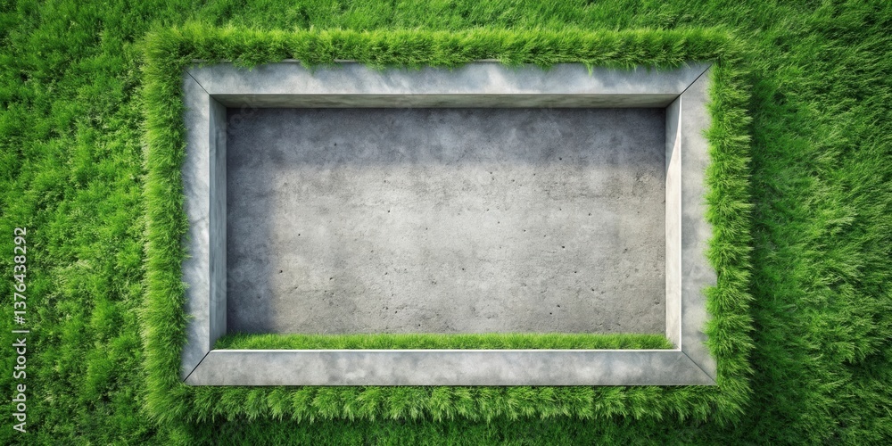 Poster Elevated View of a Concrete Frame Embedded in Lush Green Grass, Offering a Blank Canvas for Design and Architectural Concepts