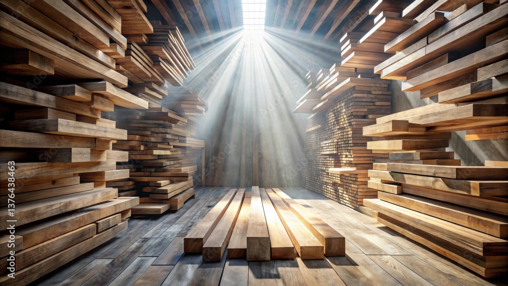 Aufkleber sunlit lumber warehouse rows of stacked wooden planks and beams in a rustic setting