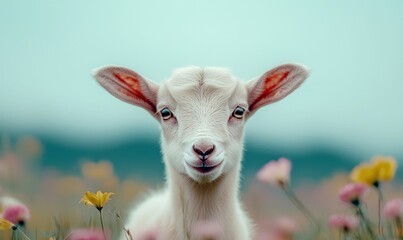 Fototapeta premium Close-up of a charming white goat kid amidst vibrant wildflowers in a sunny meadow.