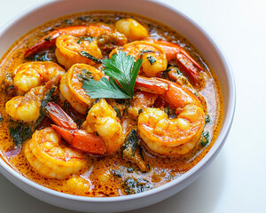 Detailed vibrant close-up of shrimp curry for food marketing and advertising.