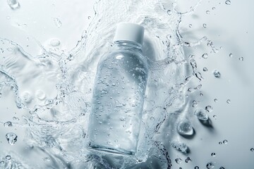 a sleek frosted glass freshwater bottle surrounded by water splashes
