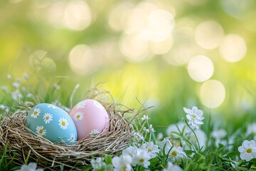 Obraz premium Two pastel Easter eggs nestled in a bird's nest, adorned with delicate daisy prints, surrounded by blooming wildflowers in a sun-drenched meadow. Soft focus bokeh background.