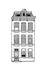 Amsterdam old house. Landmark of the Netherlands. Hand-drawn facades of old buildings collection. Black and white vector illustration.
