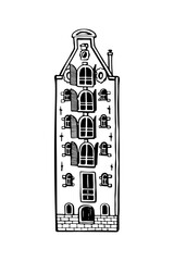 Amsterdam old house. Landmark of the Netherlands. Hand-drawn facades of old buildings collection. Black and white vector illustration.