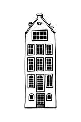 Amsterdam old house. Landmark of the Netherlands. Hand-drawn facades of old buildings collection. Black and white vector illustration.