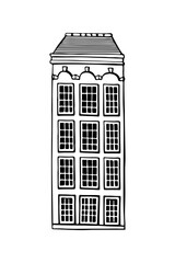 Amsterdam old house. Landmark of the Netherlands. Hand-drawn facades of old buildings collection. Black and white vector illustration.