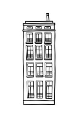 Amsterdam old house. Landmark of the Netherlands. Hand-drawn facades of old buildings collection. Black and white vector illustration.