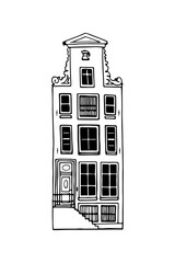 Amsterdam old house. Landmark of the Netherlands. Hand-drawn facades of old buildings collection. Black and white vector illustration.