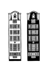 Amsterdam old houses. Landmark of the Netherlands. Hand-drawn facades of old buildings collection. Black and white vector illustration.