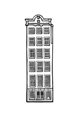 Amsterdam old house. Landmark of the Netherlands. Hand-drawn facades of old buildings collection. Black and white vector illustration.