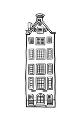 Amsterdam old house. Landmark of the Netherlands. Hand-drawn facades of old buildings collection. Black and white vector illustration.