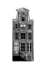 Amsterdam old house. Landmark of the Netherlands. Hand-drawn facades of old buildings collection. Black and white vector illustration.