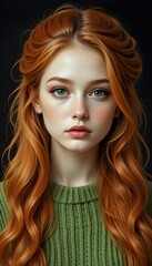 Fototapeta premium Casual Portrait: Red Hair and Green Knit Sweater in Soft Light