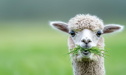 Obraz premium A close-up of a fluffy white alpaca munching on some fresh green grass in a lush field.