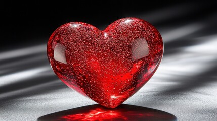 A glistening red glass heart sits on a surface, illuminated by dramatic lighting.  Its surface is textured with tiny bubbles