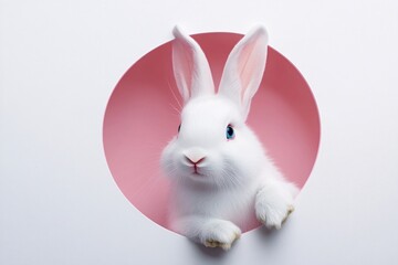 Obraz premium An adorable fluffy white bunny peering through a pink circle, a charming springtime scene with soft lighting and a minimalist background.