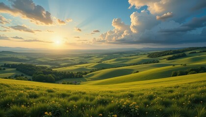 Fototapeta premium Serene Landscape with Rolling Hills and Golden Sunset in Nature