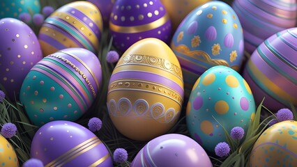Colorful Decorative Easter Eggs with Gold Accents in Grass