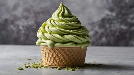 Delicious Matcha Green Tea Soft Serve Ice Cream in a Waffle Cone