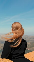 Obraz premium Woman with Flowing Hair Admiring Scenic Mountain Landscape Under a Clear Sky
