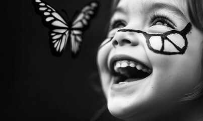A child's joyful face lit up as they watch a butterfly with a hand-drawn peace sign. © NovaVision