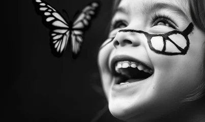 A child's joyful face lit up as they watch a butterfly with a hand-drawn peace sign. © NovaVision