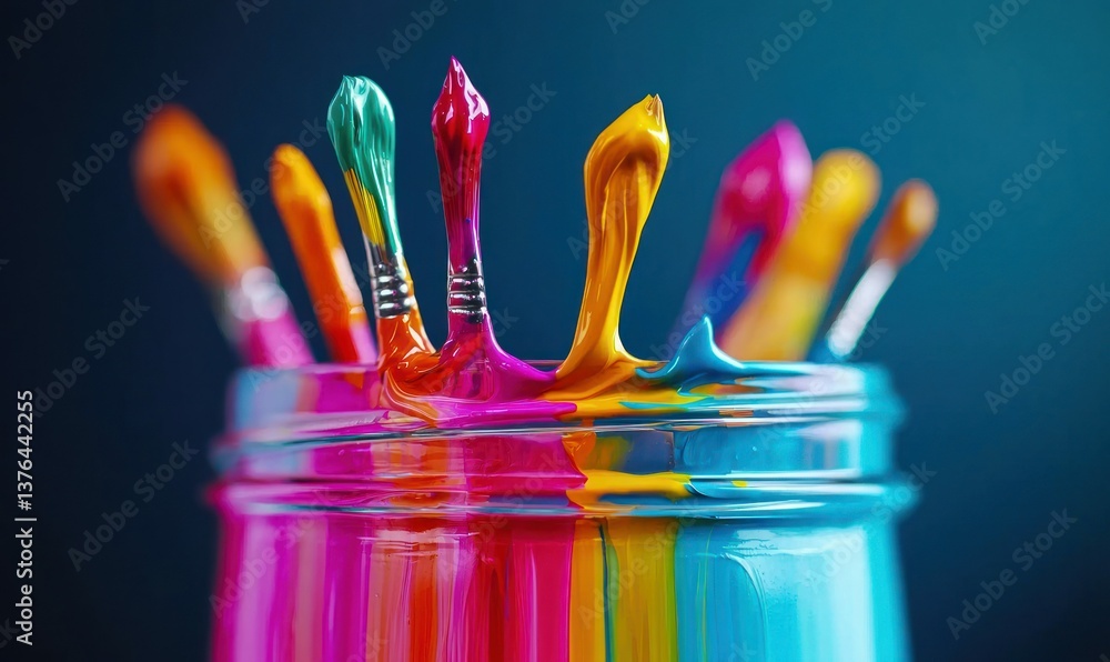 Poster a vivid array of paintbrushes rest in a jar, dripping with rainbow colored paint.