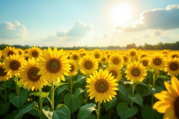 Fototapeta premium A dense field of sunflowers basking in sunlight, countryside, agriculture, botany