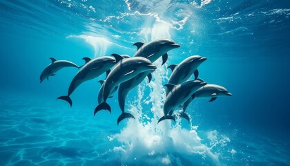 A pod of dolphins playfully breaches the ocean surface, creating a magnificent underwater spectacle of marine wildlife in their natural habitat