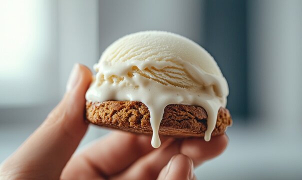 A single hand presents a perfect vanilla ice cream scoop over a crispy cookie, melting slightly.
