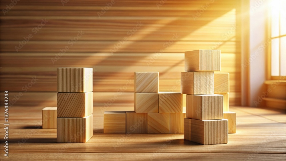 Poster wooden blocks arranged in various stacks on a table bathed in sunlight, creating a warm and inviting