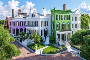 Obraz premium A 3D-rendered aerial view of Savannah historic district, showcasing green squares and colonial-style architecture