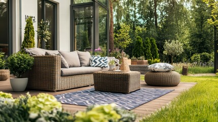 Serene Outdoor Oasis: A meticulously designed outdoor living space, featuring stylish furniture, lush greenery, and a tranquil atmosphere, perfect for relaxation and entertaining.