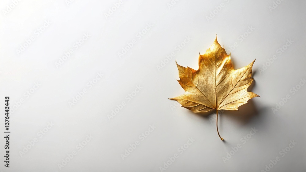 Poster A single gilded leaf rests on a pristine white surface, a minimalist autumnal design element showcasing elegant simplicity and sophisticated texture.