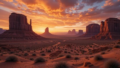 Majestic Sunset Over Monument Valley with Dramatic Clouds and Rocks