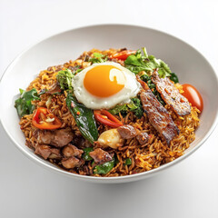High-quality close-up of Nasi Goreng emphasizing intricate details on a clean white background.