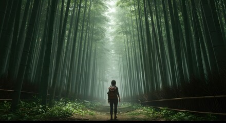 Woman walking bamboo forest path.