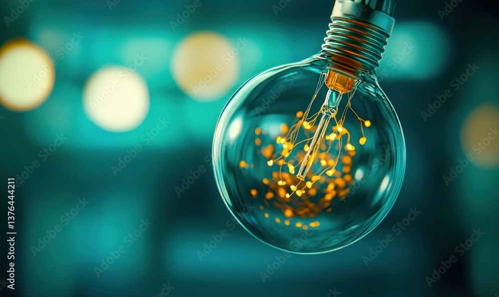 Aufkleber close-up of a glowing lightbulb with intricate internal filaments against a blurred bokeh background