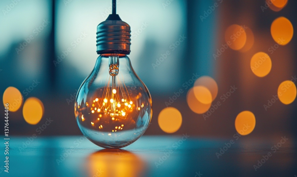 Aufkleber a vintage filament lightbulb emits a warm glow against a bokeh background creating a cozy atmosphere