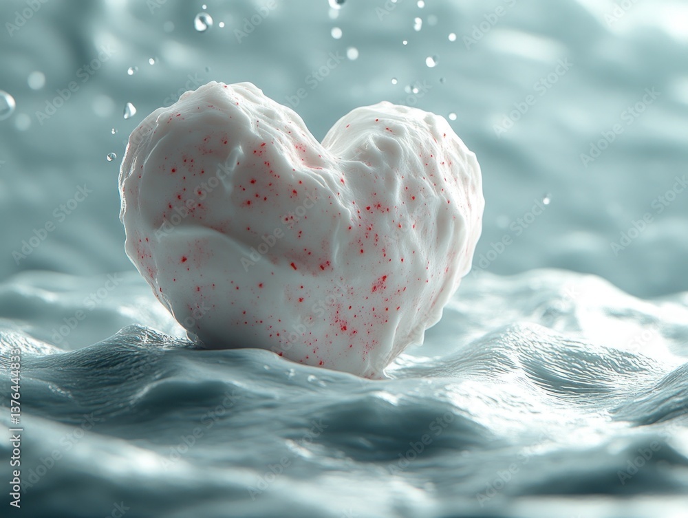 Poster a heart-shaped object floats on rippling water, speckled with tiny red dots. water droplets fall aro