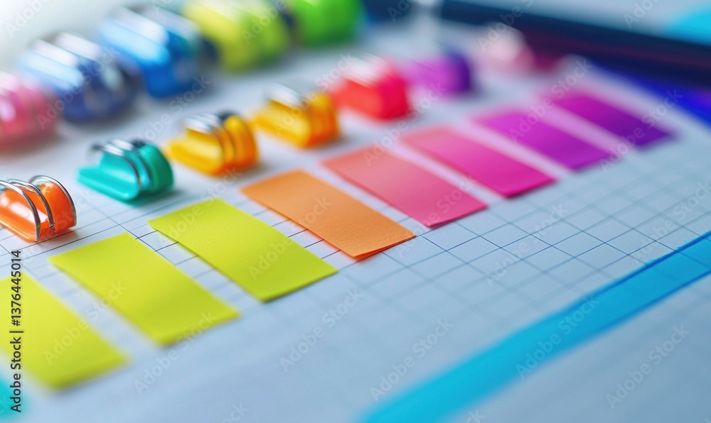 Poster a close-up shows vivid sticky notes and clips arranged neatly on graph paper with a pen.